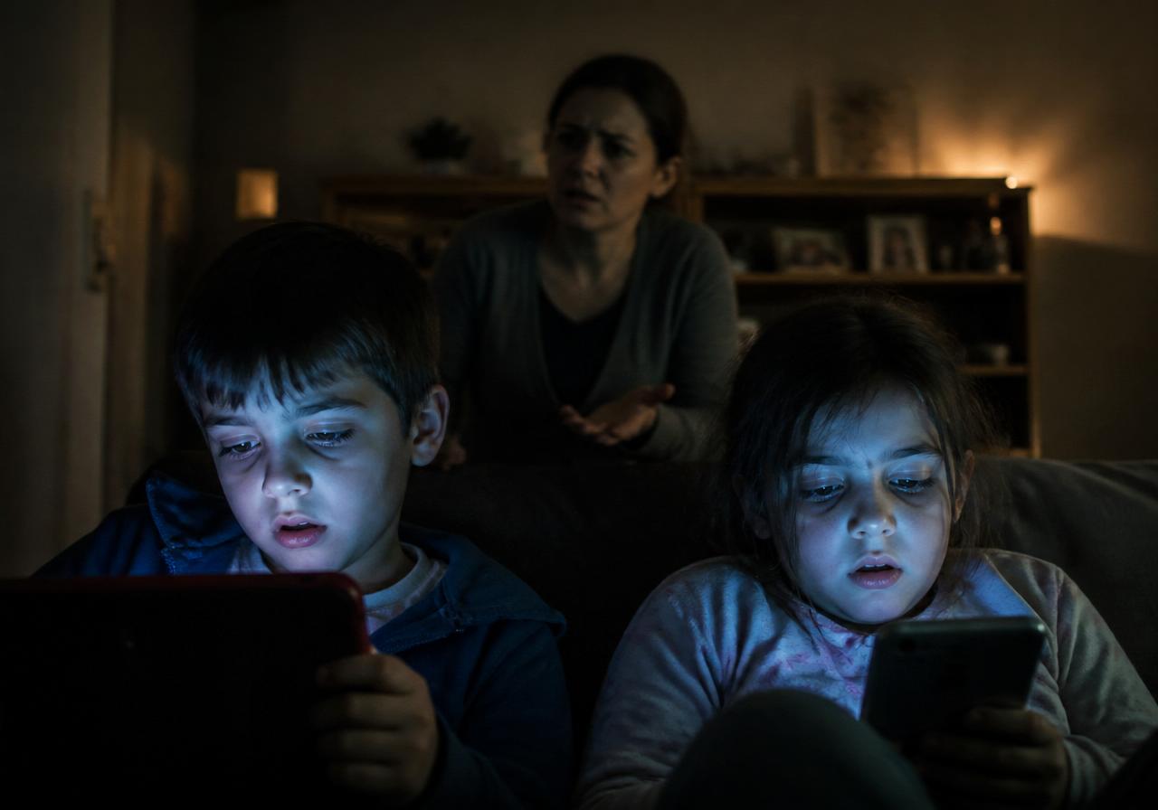 Chicos absortos en pantallas ignorando a su mamá, ojos cansados con luz azul