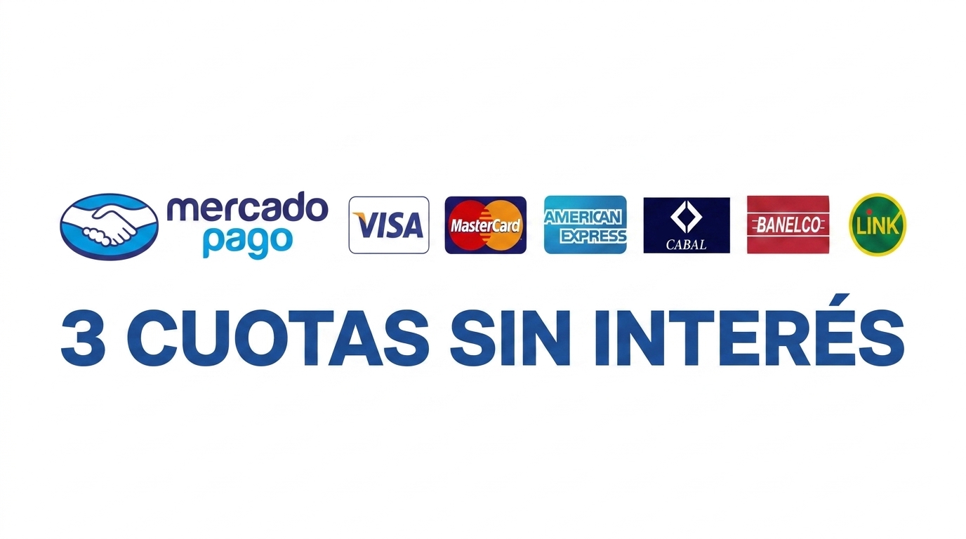 Medios de pago: Mercado Pago, Visa, Mastercard, American Express, Cabal, Banelco y Link · 3 cuotas sin interés