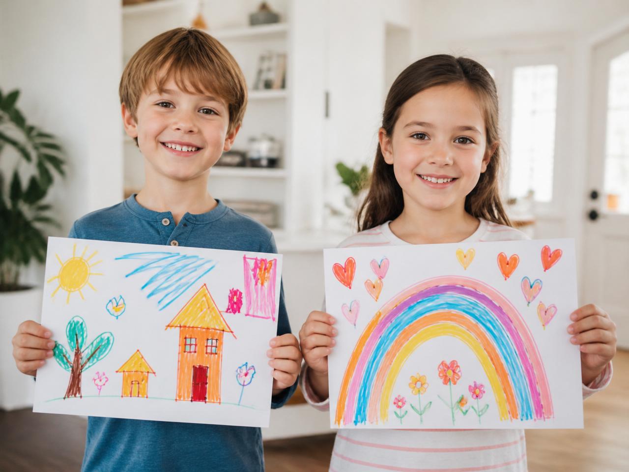 Dos hermanitos sonriendo mostrando dibujos hechos con marcadores BRILL